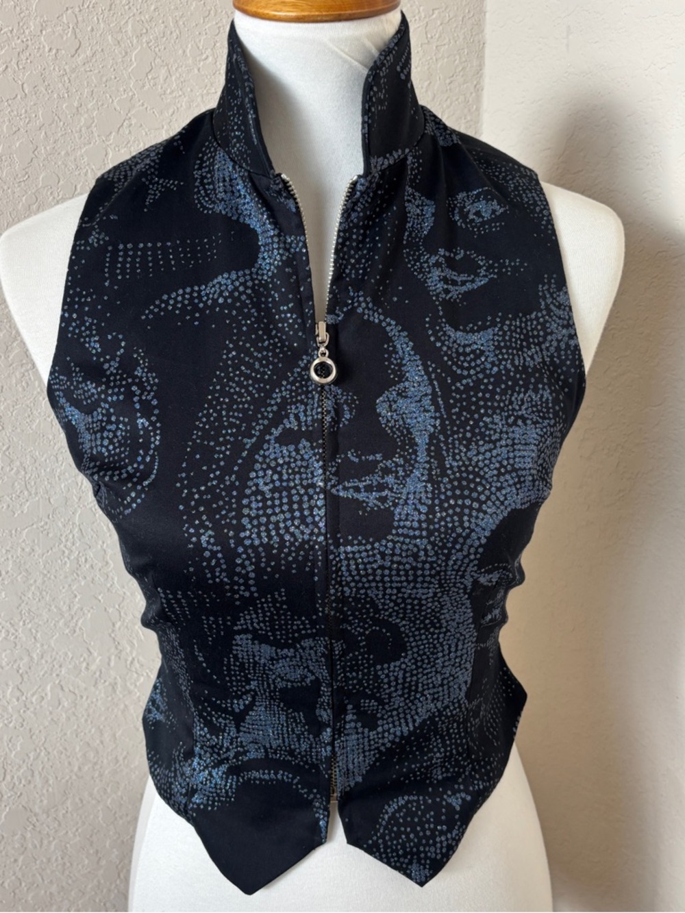 Paolo Santini Vintage Faces Waist Zip  Vest Metallic Navy Blue Silver Size 2